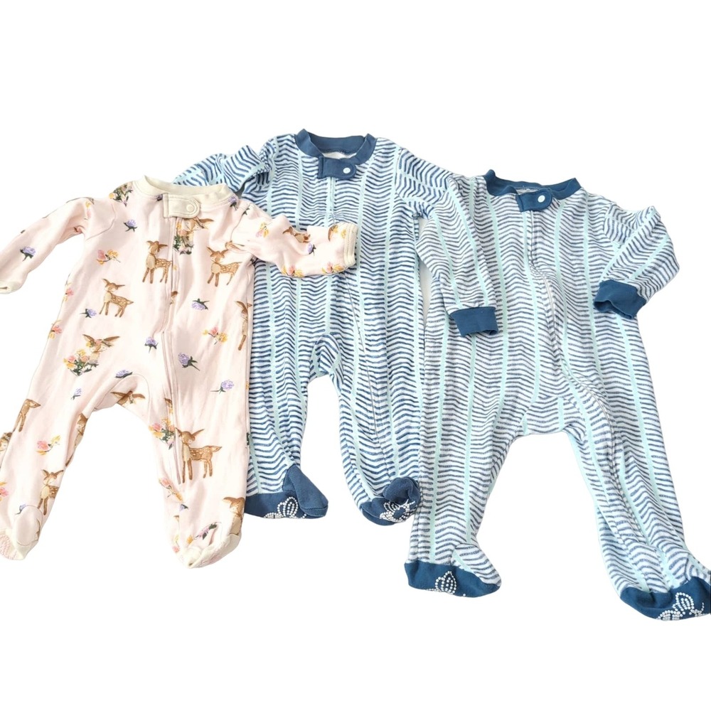 3 Pc‎ Burt's Bees Baby 0-6 Months Pajamas One Piece Footie Sleeper Deer Organic